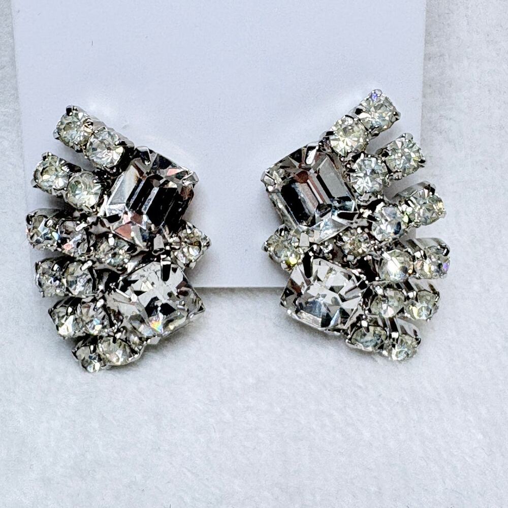 Vintage Rhinestone Clip Earrings Clear Crystal Spray Mid Century Glam